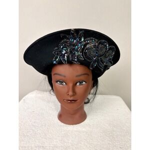 Black Felt Cloche Hat Embellished with Iridescent Sequins and Beads